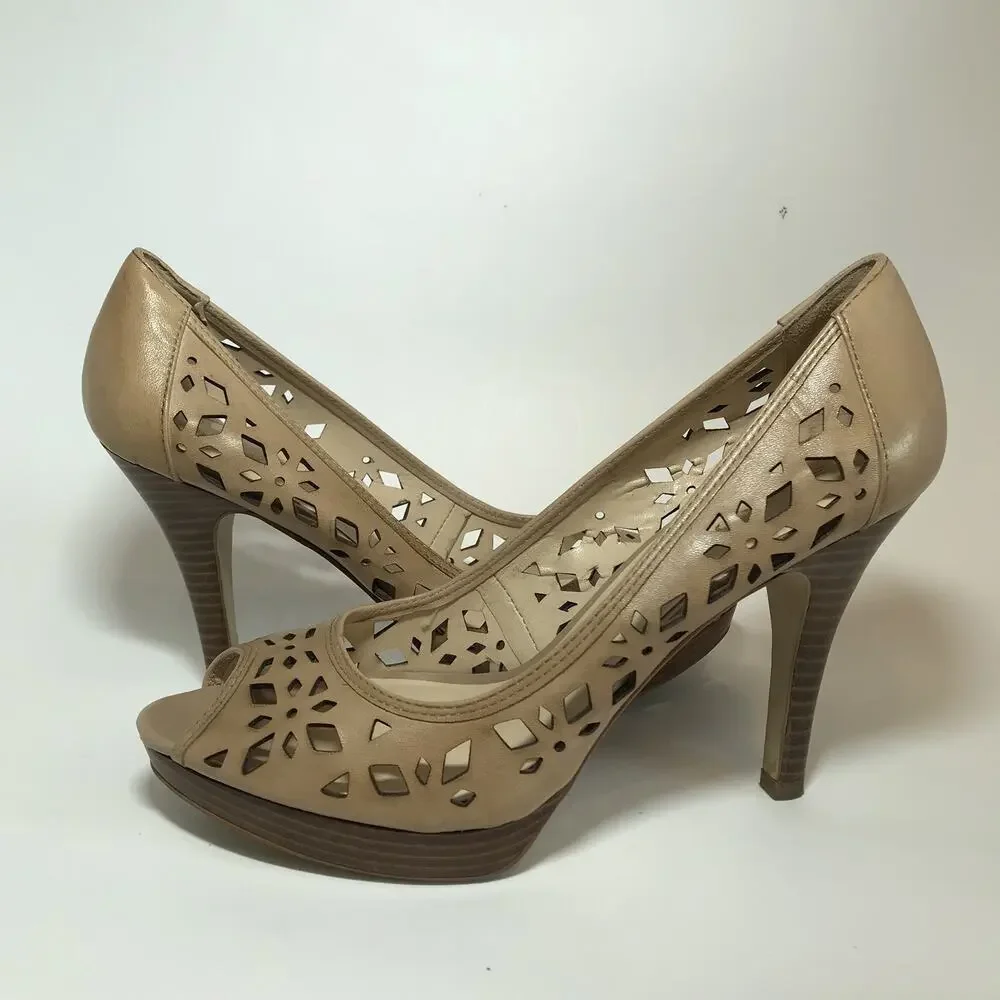 Franco Sarto Leather Peep Toe Heels Nude‎ Cutout Platform Stiletto Women's 9.5M
